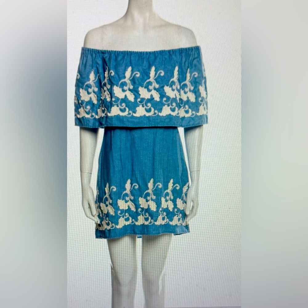 Anne fontaine,floral print mini dress, blue and white, off the shoulder, small